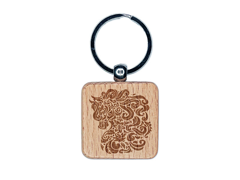 Floral Horse with Flowing Mane Swirls Engraved Wood Square Keychain Tag Charm