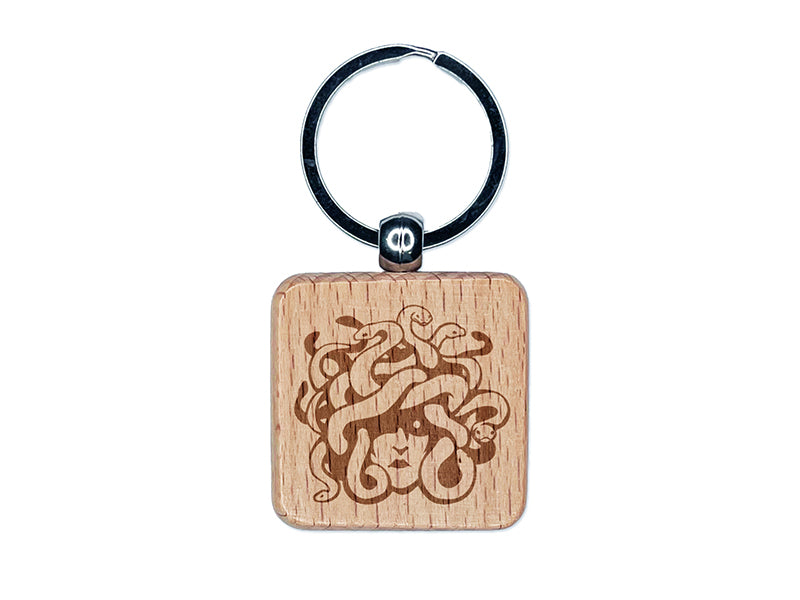 Medusa Gorgon Head with Twisting Snakes Engraved Wood Square Keychain Tag Charm