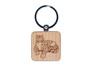 Stoic Snow Leopard Sitting Wild Cat Engraved Wood Square Keychain Tag Charm