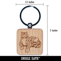 Stoic Snow Leopard Sitting Wild Cat Engraved Wood Square Keychain Tag Charm