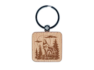 Wild Wolf Howling At the Moon in Forest Engraved Wood Square Keychain Tag Charm