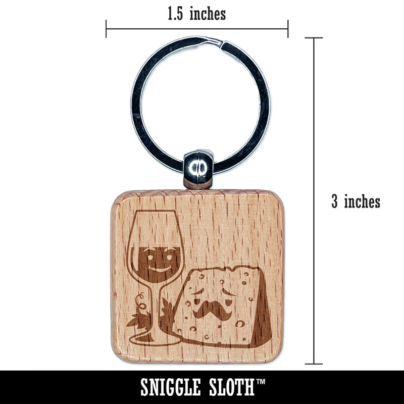 Wine Glass and Cheese Perfect Pair Engraved Wood Square Keychain Tag Charm