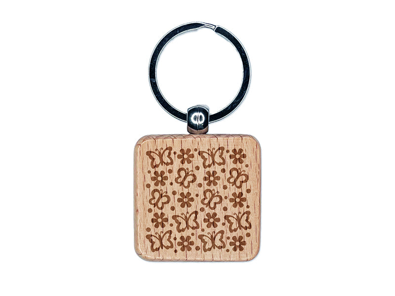 Butterflies and Flowers Engraved Wood Square Keychain Tag Charm