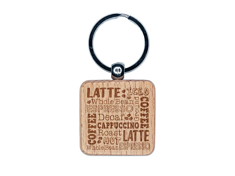 Coffee Words Engraved Wood Square Keychain Tag Charm