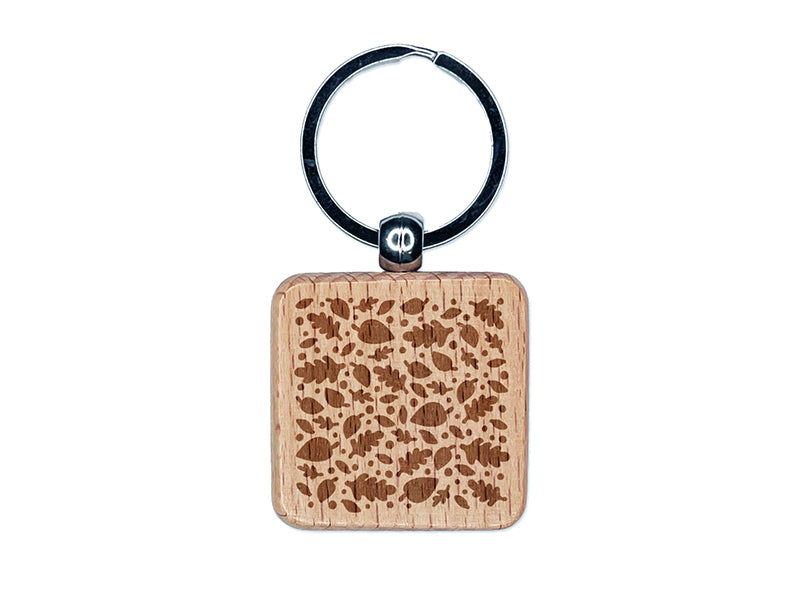 Falling Leaves Engraved Wood Square Keychain Tag Charm