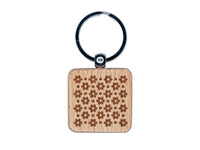 Flowers and Dots Engraved Wood Square Keychain Tag Charm