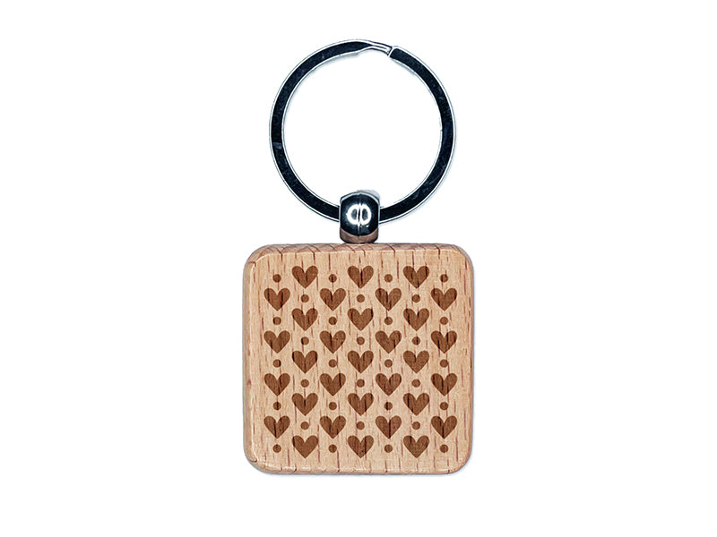 Hearts and Dots Pattern Engraved Wood Square Keychain Tag Charm