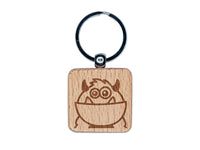 Peeking Monster Engraved Wood Square Keychain Tag Charm