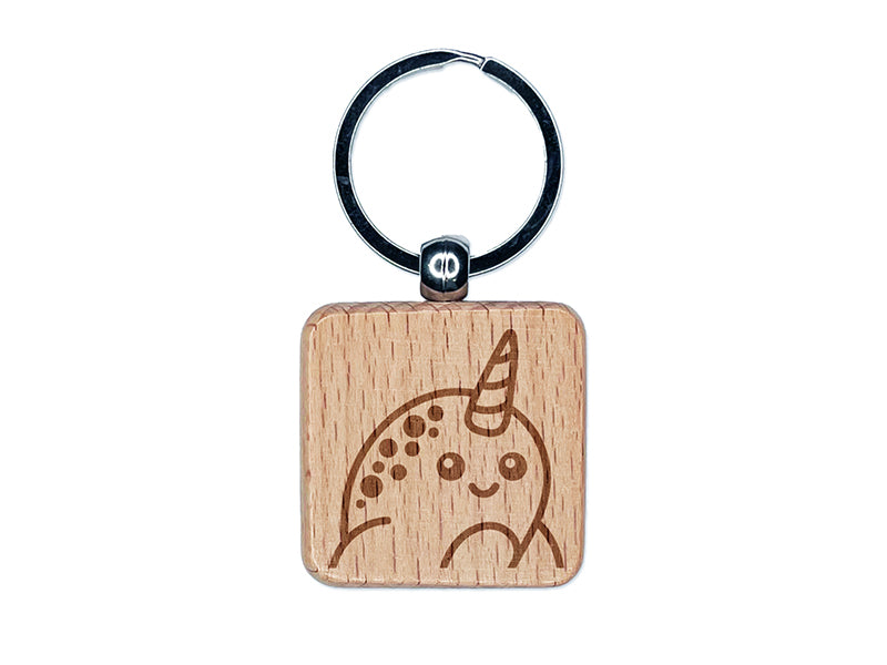 Peeking Narwhal Engraved Wood Square Keychain Tag Charm