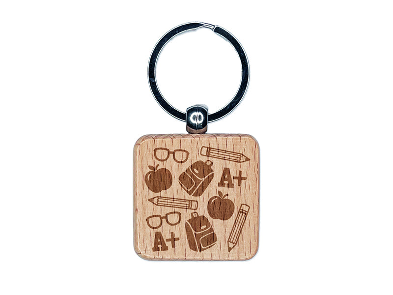 School Backpack Pencils Glasses Apple Engraved Wood Square Keychain Tag Charm