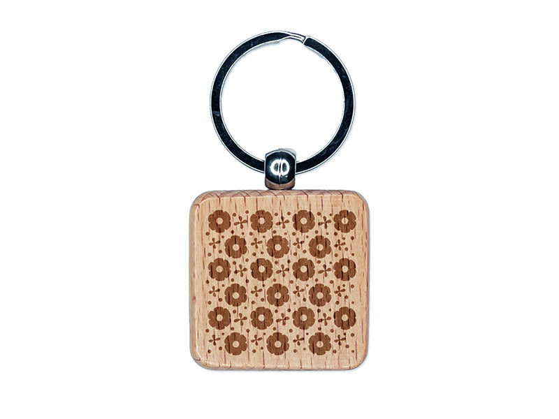 Spring Flower Pattern Engraved Wood Square Keychain Tag Charm