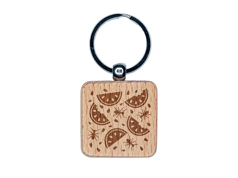 Watermelon and Ants Picnic Engraved Wood Square Keychain Tag Charm