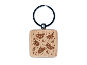 Watermelon and Ants Picnic Engraved Wood Square Keychain Tag Charm