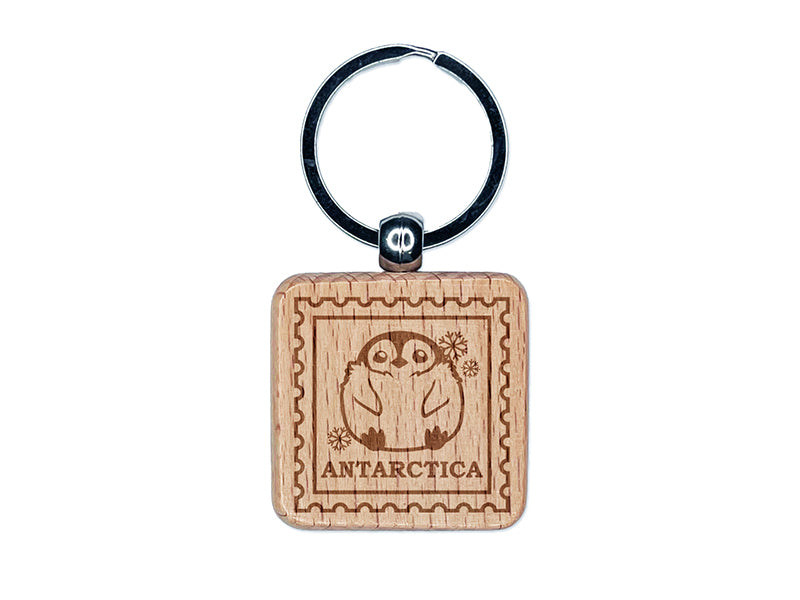 Antarctica Travel Baby Emperor Penguin Engraved Wood Square Keychain Tag Charm