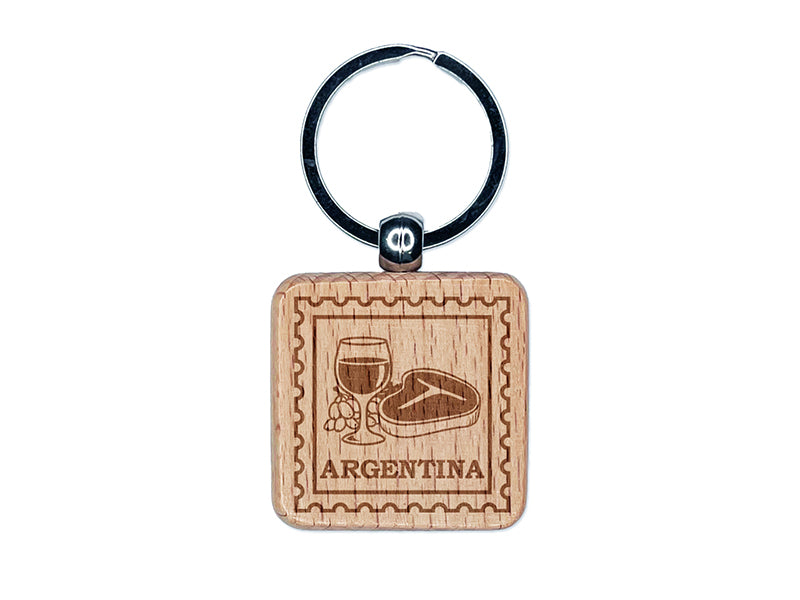 Argentina Travel Wine Glass Steak Engraved Wood Square Keychain Tag Charm