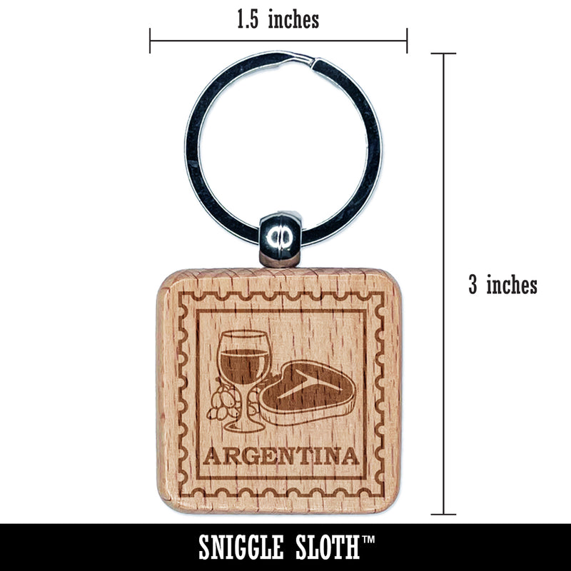 Argentina Travel Wine Glass Steak Engraved Wood Square Keychain Tag Charm