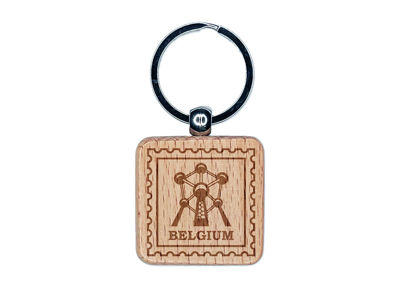 Belgium Travel The Atomium Brussels Engraved Wood Square Keychain Tag Charm
