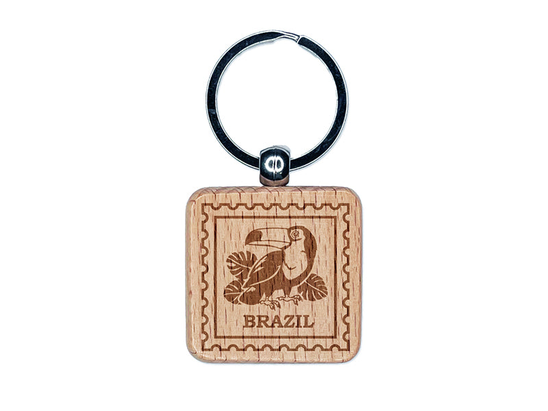 Brazil Travel Toucan Tropical Monstera Leaves Engraved Wood Square Keychain Tag Charm