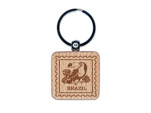 Brazil Travel Toucan Tropical Monstera Leaves Engraved Wood Square Keychain Tag Charm