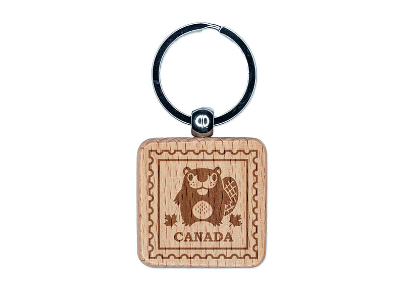 Canada Travel Beaver and Maple Leaf Leaves Engraved Wood Square Keychain Tag Charm