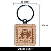 Canada Travel Beaver and Maple Leaf Leaves Engraved Wood Square Keychain Tag Charm