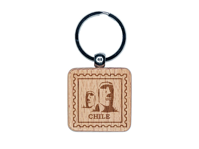 Chile Travel Easter Island Statues Engraved Wood Square Keychain Tag Charm