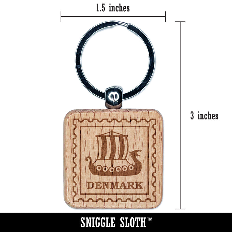 Denmark Travel Viking Ship Engraved Wood Square Keychain Tag Charm