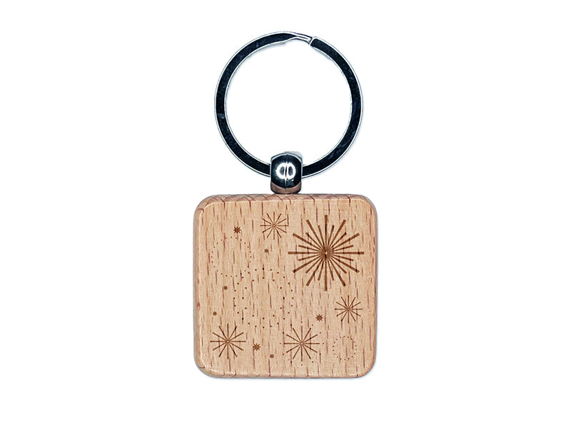 Fireworks Celebration Independence Day 4th of July Engraved Wood Square Keychain Tag Charm