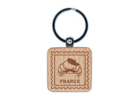 France Travel French Croissant with Beret Engraved Wood Square Keychain Tag Charm