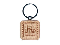 Germany Travel Beer Stein and Pretzel Engraved Wood Square Keychain Tag Charm