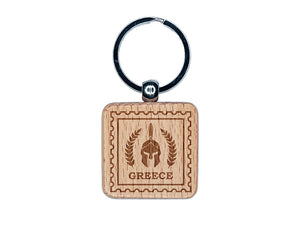 Greece Travel Ancient Greek Spartan Helmet Engraved Wood Square Keychain Tag Charm