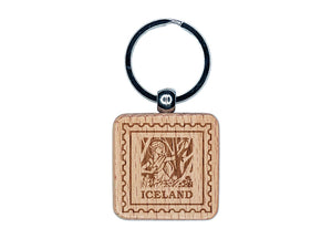 Iceland Travel Nordic Elf Mythology Engraved Wood Square Keychain Tag Charm