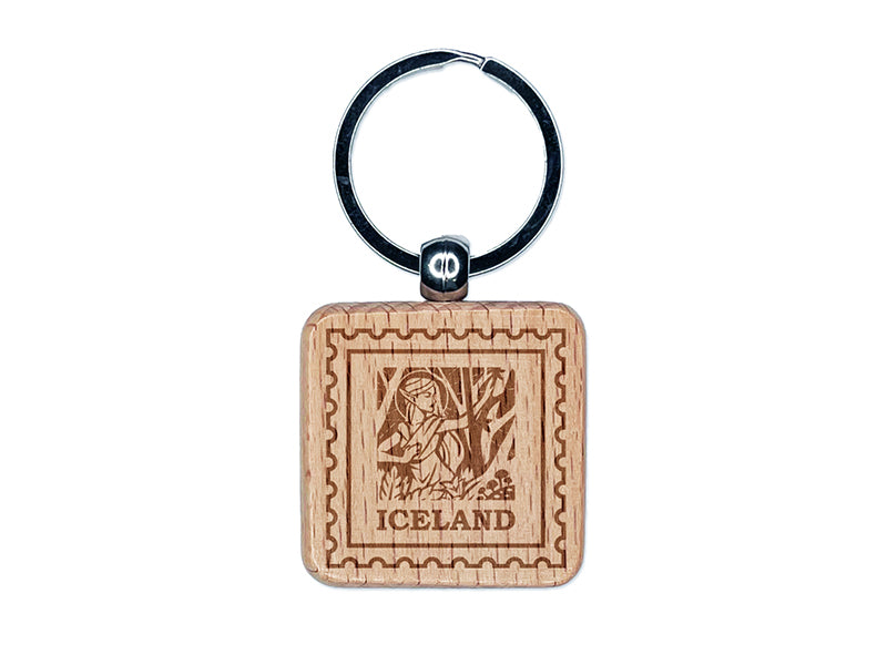 Iceland Travel Nordic Elf Mythology Engraved Wood Square Keychain Tag Charm