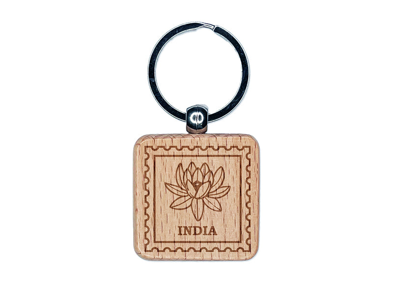 India Travel Lotus National Flower Engraved Wood Square Keychain Tag Charm