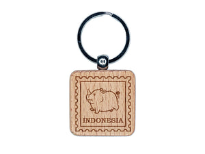 Indonesia Travel Baby Javan Rhinoceros Engraved Wood Square Keychain Tag Charm