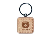 Ireland Travel Pot of Gold Shamrock Leprechaun Engraved Wood Square Keychain Tag Charm