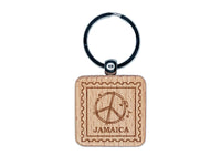 Jamaica Travel Reggae Music Peace Sign Engraved Wood Square Keychain Tag Charm