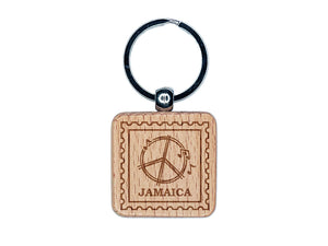 Jamaica Travel Reggae Music Peace Sign Engraved Wood Square Keychain Tag Charm