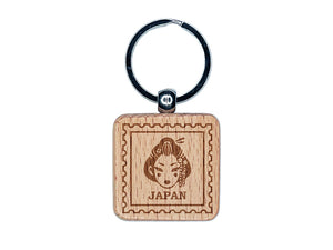 Japan Travel Japanese Geisha Woman Head Engraved Wood Square Keychain Tag Charm