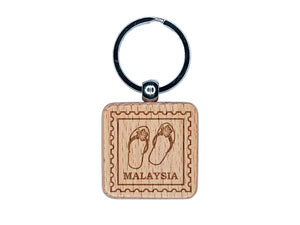 Malaysia Travel Beach Flip Flops Engraved Wood Square Keychain Tag Charm