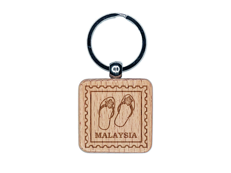 Malaysia Travel Beach Flip Flops Engraved Wood Square Keychain Tag Charm