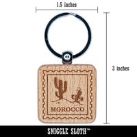 Morocco Travel Saguaro Desert Cactus Engraved Wood Square Keychain Tag Charm