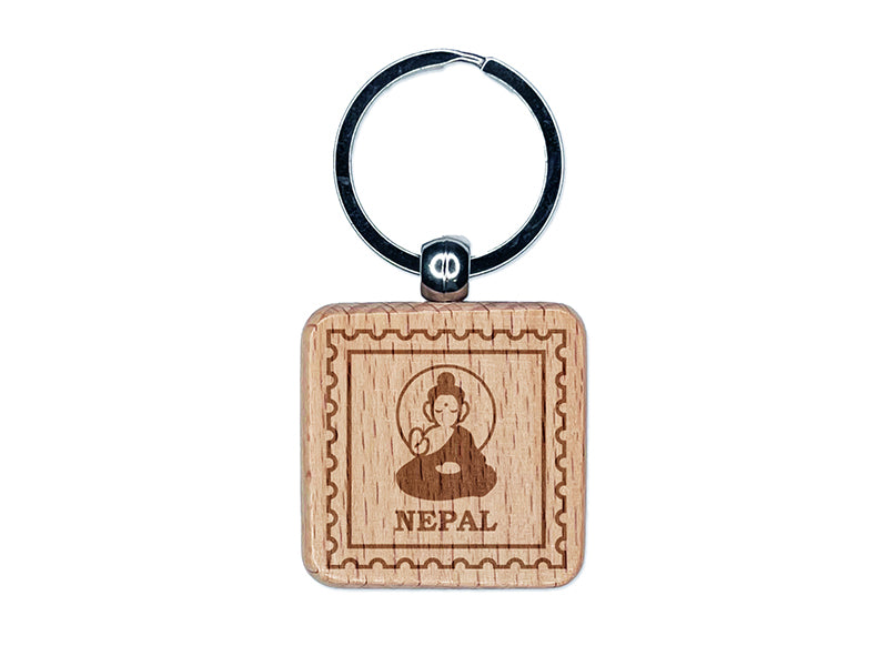 Nepal Travel Buddha Siddhartha Gautama Buddhism Engraved Wood Square Keychain Tag Charm