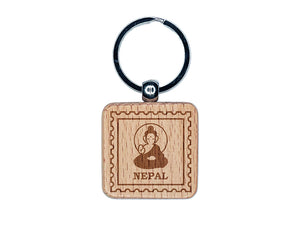 Nepal Travel Buddha Siddhartha Gautama Buddhism Engraved Wood Square Keychain Tag Charm