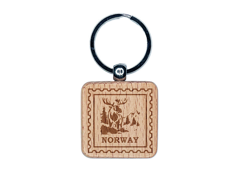 Norway Travel National Animal Moose Engraved Wood Square Keychain Tag Charm