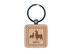 Peru Travel Vicunas Llamas Alpacas Guanacos Engraved Wood Square Keychain Tag Charm