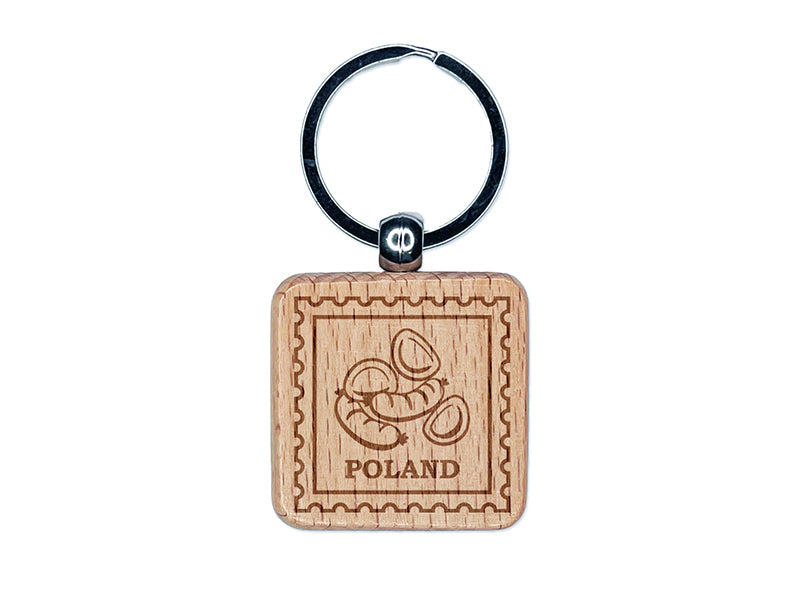 Poland Travel Sausages and Pierogies Engraved Wood Square Keychain Tag Charm