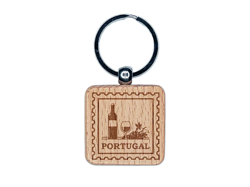 Portugal Travel Port Wine Grapes Engraved Wood Square Keychain Tag Charm