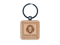 Singapore Travel Lion National Animal Engraved Wood Square Keychain Tag Charm