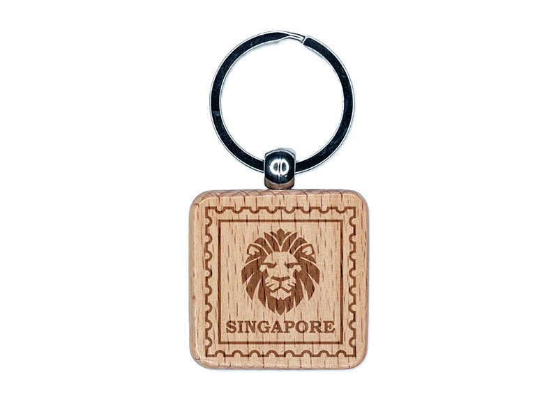 Singapore Travel Lion National Animal Engraved Wood Square Keychain Tag Charm